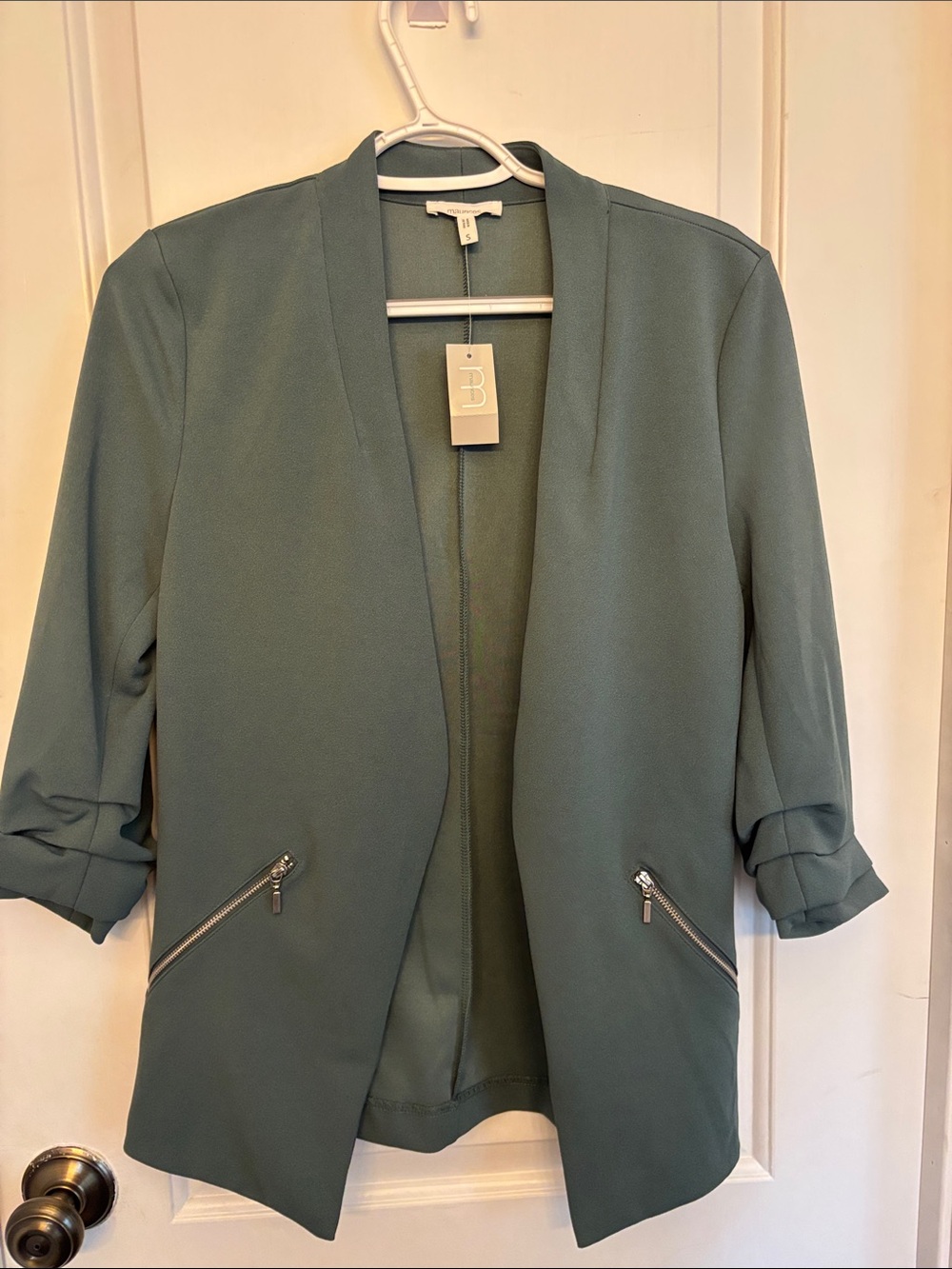 Maurices Sage Green Open-Front Blazer with Zipper Pockets